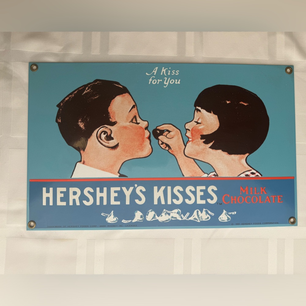 “A Kiss for You” vintage ANDE ROONEY Porcelain HERSHEY’S KISSES Collectible Sign